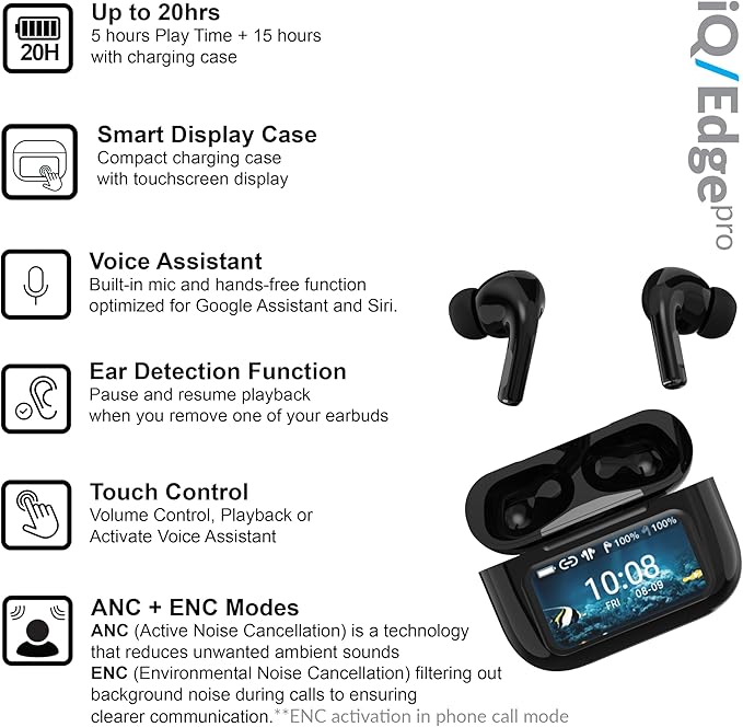 IQ Sound IQ-341 ANC & ENC Bluetooth Earphone with Touchscreen Display Charging Case, True Wireless Earbuds, Stereo Sound, Dual Mic, Voice Assistant, In-Ear Detection, USB-C Charging (Black)