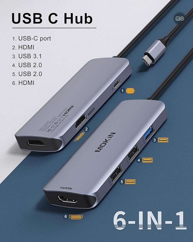 Docking Station USB C to Dual HDMI Adapter, MOKiN USB C Hub Dual HDMI Monitors for Windows,USB C Adapter with Dual HDMI,3 USB Port,PD Compatible for Dell XPS 13/15, Lenovo Yoga,etc