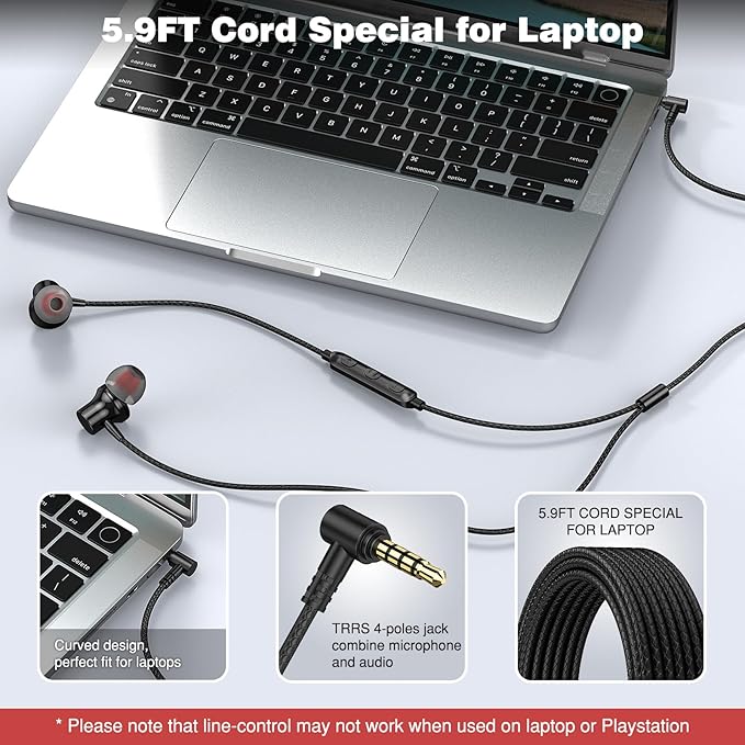 ASKUBSKU 3.5mm Headphones 5.9 ft Long Cord Wired Earbuds with Microphone Noise Cancelling Earphone HiFi Stereo Clear Call Volume Control Plug in 3.5mm Jack Wired Ear Buds for Laptop Chromebook PC