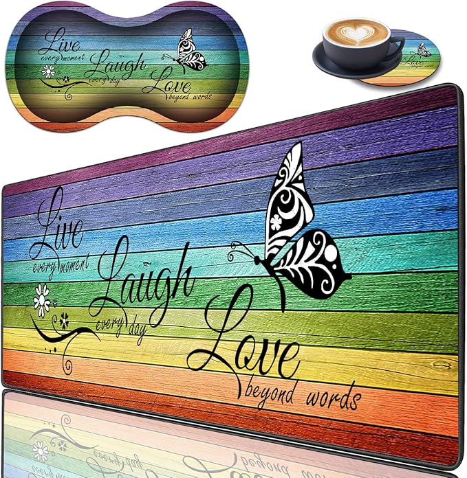 3 Piece Mouse Pad Set with Stitched Edge Large Anti-Slip Mouse Pad Desk Pad Keyboard Pad + Wrist Rest Pad + Coaster, Memory Foam Wrist Rest for Office/Home, Glitter Quote Live Laugh Love