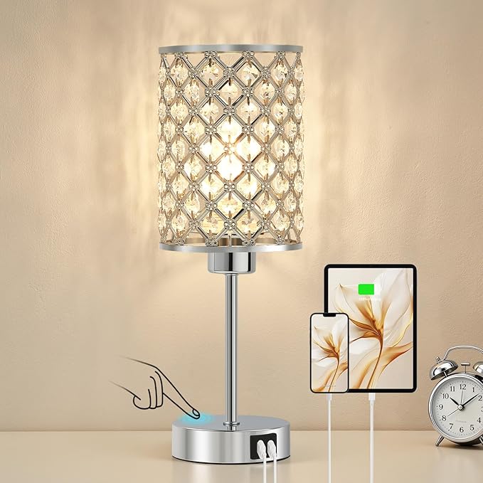 GyroVu Crystal Touch Table Lamp for Bedroom, Silver Desk Lamp with USB-C & USB-A Ports, Dimmable Modern Bedside Lamp for Nightstand, Living Room & Home Office - LED Bulb Included