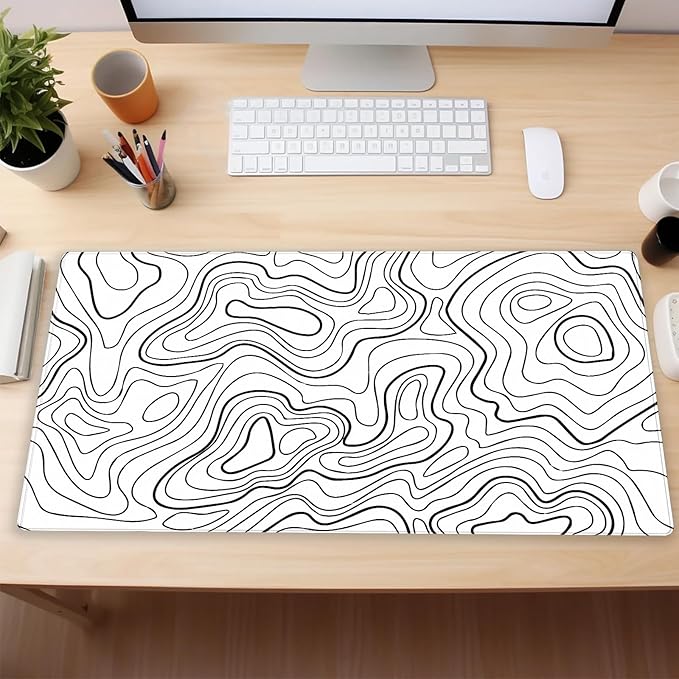 White and Black Topographic Abstract Art Desk Mat - Large XL Gaming Mouse Pad with Stitched Edges, Full Desk Keyboard & Mouse Pad for PC, Laptop, Office Decor (31.5"x15.7")