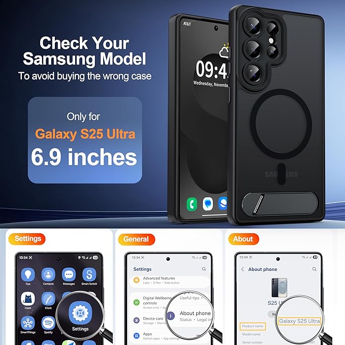 Magnetic for Samsung Galaxy S25 Ultra Case, [Compatible with MagSafe][Full Camera Protection][Built-in Invisible Kickstand] Translucent Matte Phone Case for S25 Ultra 6.9" - Black