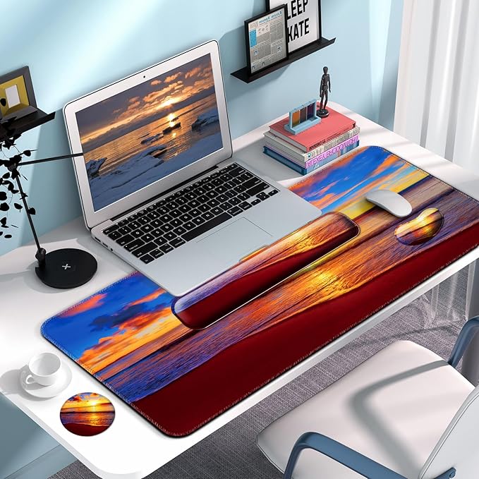 Keyboard Wrist Rest + Mouse Pad with Wrist Support + Desk Mat + Coaster 4 in 1 Set, XXL Large Gaming Mousepad Cute Ergonomic Mouse Pads for Desk Computer Laptop Office Decor-Sunset Beach