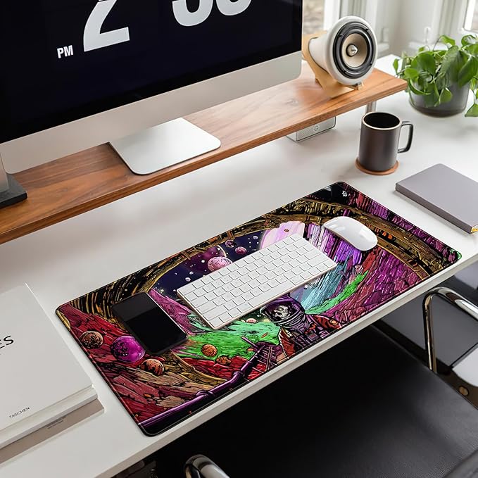 Strange Planet Desk Mat Space Scene Large Gaming Mouse Pad Extended Anime Vibrant Colors Desk Pad Futuristic Spaceship Mousepad XL Cosmic Adventure Skeleton Keyboard Mouse Mat 31.5"x11.8"