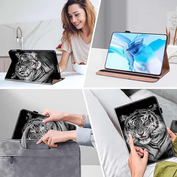 Case for iPad (A16) 11th Generation 11 Inch (2025), iPad 10th Generation 10.9 Inch (2022), Multi-Angle Viewing PU Leather Case with Elastic Band, Pencil Holder & Card Slots-Black Tiger