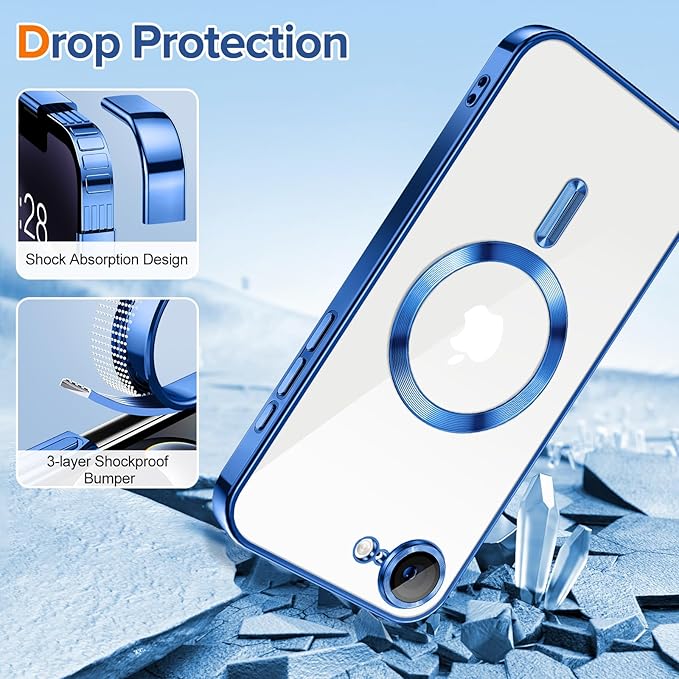Hython Magnetic Clear for iPhone 17e Case with Camera Lens Protector [Compatible with MagSafe] Luxury Plating Edge Slim Soft TPU Cover Protective Phone Case for iPhone 17e 6.1", Deep Blue