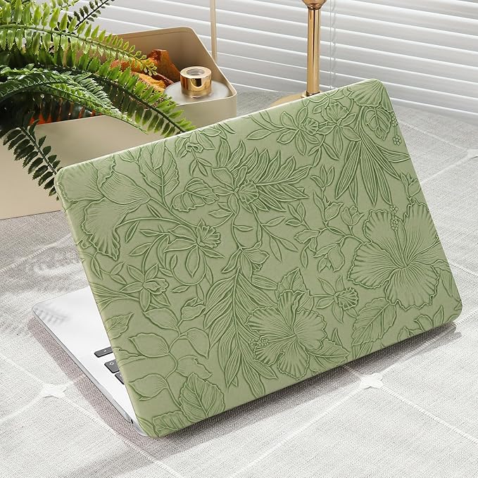 iCasso Compatible with MacBook Air 13 inch Case 2020-2018 Release A2337 M1 A2179 A1932, Texture Leather Plastic Hard Shell Case + Keyboard Cover + Screen Protector, Green Embossed Floral