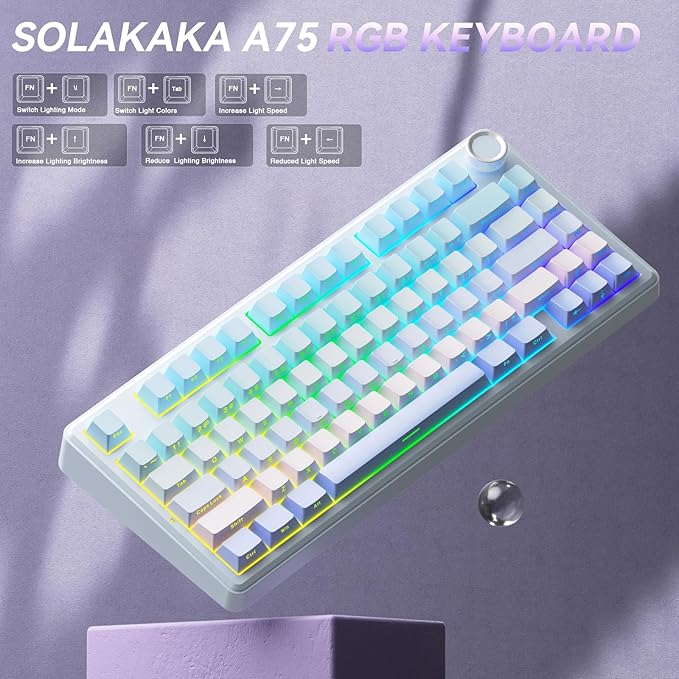 SOLAKAKA A75 Wireless Mechanical Keyboard, Hot Swappable Gaming Keyboard with RGB Backlit, Multifunction Knob, Gasket Mounted Creamy Keyboard, BT5.0/2.4GHz/USB-C, 75% Compact Layout for Win/Mac/PC