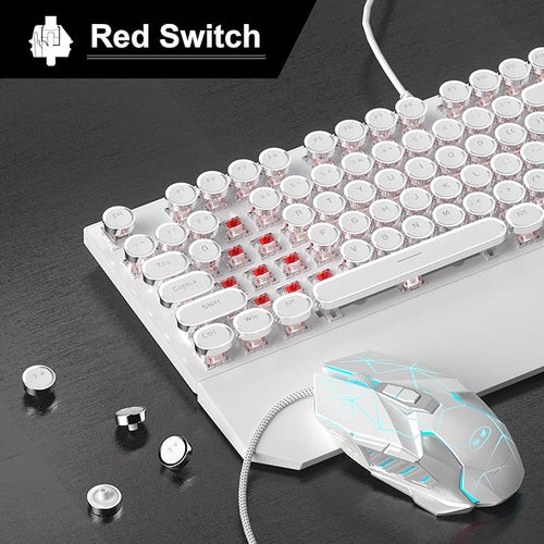 Retro Typewriter Keyboard and Mouse Combo, Cute White Keyboard with Linear Red Switches, Full Size Wired Mechanical Gaming Keyboard, Cool Light Up Keyboard and Mouse for Gaming,Work,Mac,PC,Windows