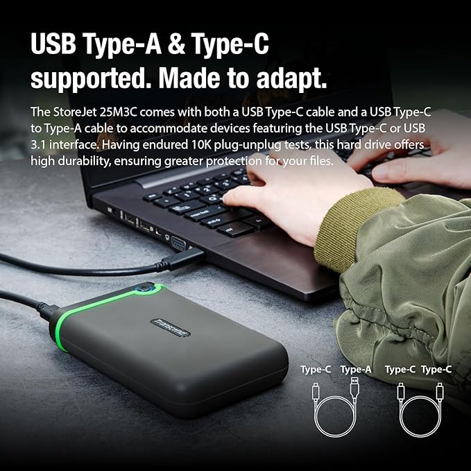Transcend StoreJet 2TB Rugged External Hard Drive, for PS4/PC/Mac/Desktop, Laptop/Xbox One/Xbox 360, USB3.1Gen1(5Gbps) Type-C Portable HDD/One Touch Auto-Backup Button/Anti-Shock Resistant-TS2TSJ25M3C