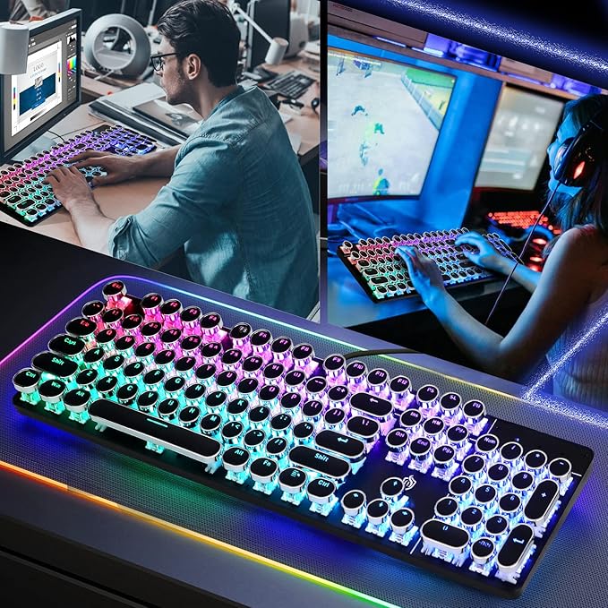 YSCP Typewriter Style Mechanical Gaming Keyboard RGB Backlit Wired with Blue Switch Retro Round Keycap 104 Keys Keyboard (R-Black)