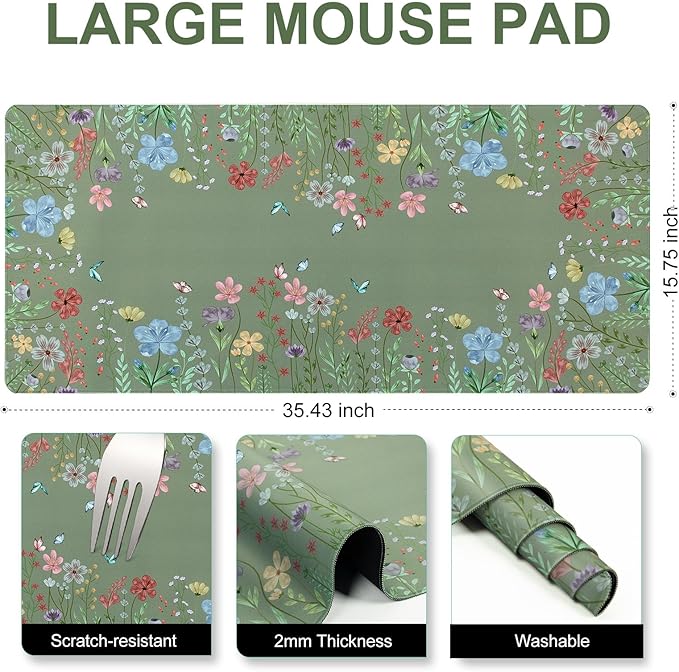 L-SPOUTTO Green Desk Mat for Keyboard and Mouse,XXL Large Mouse Pad Non-Slip Keyboard Pad Waterproof Desktop Mat for Laptop Computer Work Game Home Office-Green Floral