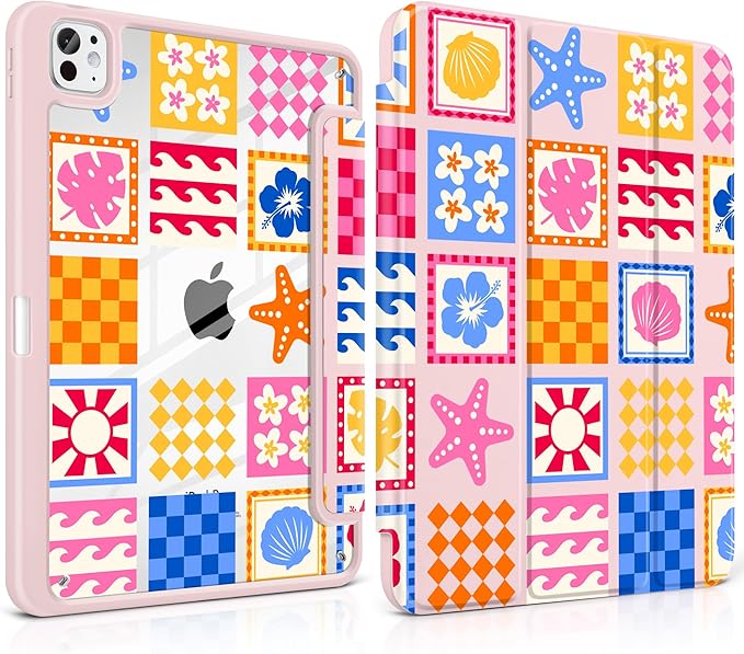 Case for iPad Pro 11 Inch (M5 2025 M4 2024) – [Built-in Pencil Holder], Shockproof & Stylish, Clear Hard Back + Soft TPU Edge, Magnetic Trifold Stand, Auto Wake/Sleep, Beach Fun