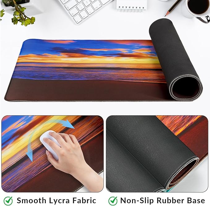 Large Gaming Mouse Pad with Coaster, Desk Matt for Desktop, Desk Pad, Mouse Pads Mat, Stitched Edges Big Extended Mousepad for Computer Keyboard Laptop Office Decor, 31.5'' x15.6''-Sunset Beach