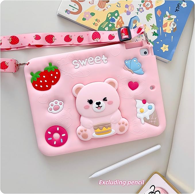 for iPad 9th/8th/7th Generation Case Kids - 10.2 inch Soft Silicone iPad Air 3rd Gen 10.5"(2019) Cover with Pencil Holder,Shoulder Strap & Stand for School,Cute Bear Gift for Teen Girls