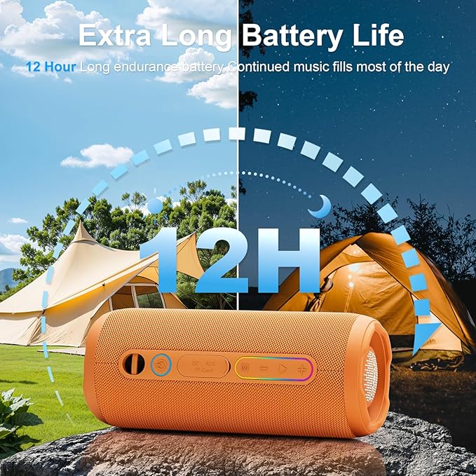Shower Bluetooth Speaker, IPX7 Waterproof, 24W Deep Bass, TWS Stereo Pairing, 12H Playtime, Outdoor Speaker for Travel, Sport, Party, Camping (Orange)