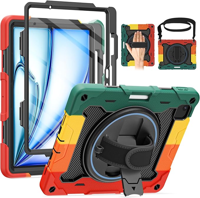 for Air 11 inch Case M3 2025 / M2 2024, Air 7th/6th Generation-with HD Screen Protector, 360 Rotating Kickstand/Hand Strap, Shoulder Strap, Pen Holder, Heavy Duty Military Grade- Kids Friendly