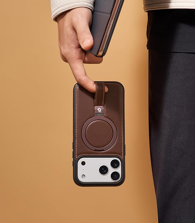 Butaiga for iPhone 17 Pro Max Leather Case with Stand, Anti-Slip Grip Ring, Fits for MagSafe (Cocoa, iPhone 17 Pro Max)
