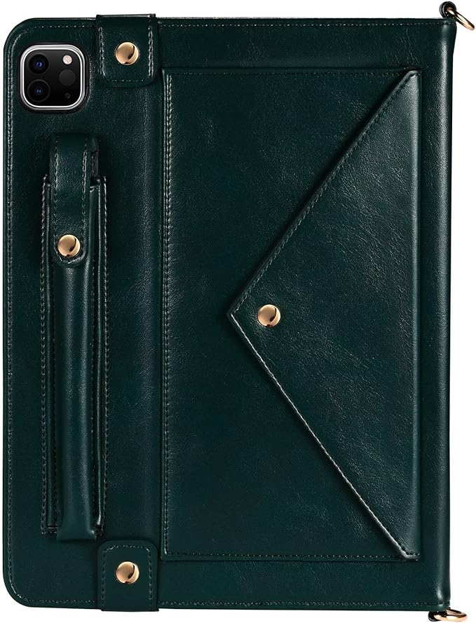 Handbag Case for iPad Pro 11" 2022/2021/2020 & iPad Air 11" M3 M2, Techcircle Folio Stand PU Leather Hand Strap Protective Cover, Crossbody Pencil Holder Card Slots Wallet Case, Midnight Green
