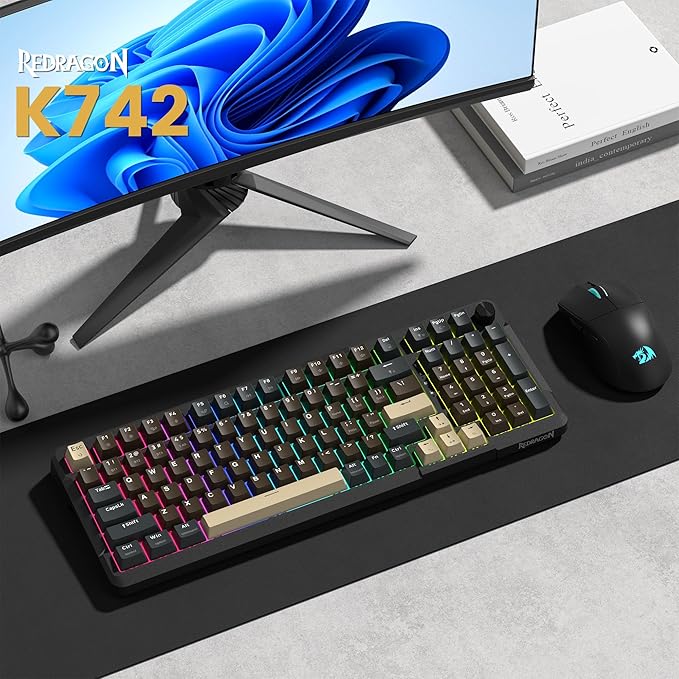 Redragon K742 Wireless Mechanical Gaming Keyboard with Knob, Bluetooth 5.0/2.4GHz/USB C Wired Creamy Keyboard with Number Pad for PC Computer, RGB Backlits, Hot-Swappable with Linear Switches (Brown)