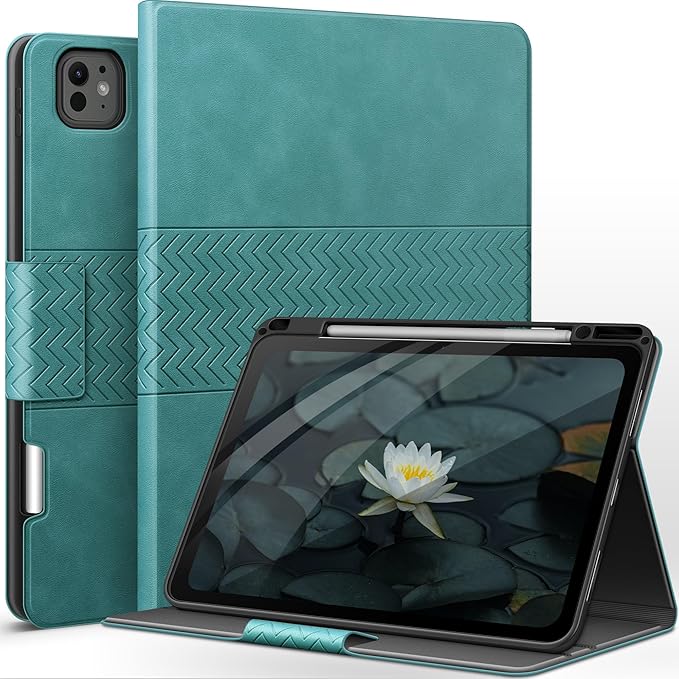 auaua Case for iPad Pro 13 Inch (M5/M4) 2025/2024, PU Leather Case with Pencil Holder, Supports Pencil Pro and Pencil(USB-C), Adjustable Angles, Auto Sleep/Wake (Green)
