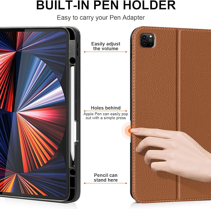 for iPad Pro 12.9" 6/5/4/3rd Generation Case 2022/2021/2020/2018, Smart Leather Folio Stand Cover with Buckle with Built-in Apple Pencil Holder & Auto Wake/Sleep & Multi Viewing Angles, Brown