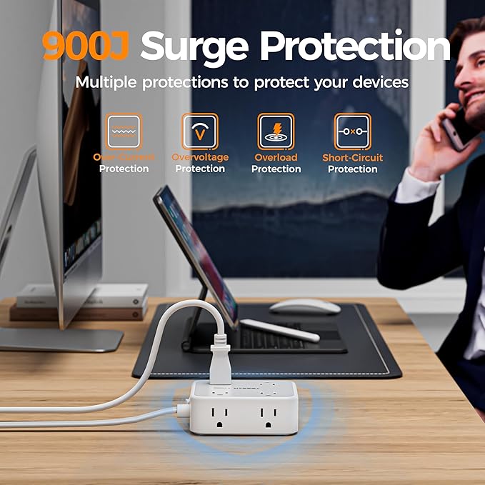 TESSAN Surge Protector Power Strip, 5 Ft Flat Plug Extension Cord with 3 USB (1 USB C) 8 Outlets, 1250W, 900J Protection, 3 Sided Outlet Extender with Power Switch for Office, Dorm Room, Grey