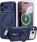 Butaiga for iPhone 17 Pro Leather Case with Stand, Anti-Slip Grip Ring, Fits for MagSafe (Blue, iPhone 17 Pro)