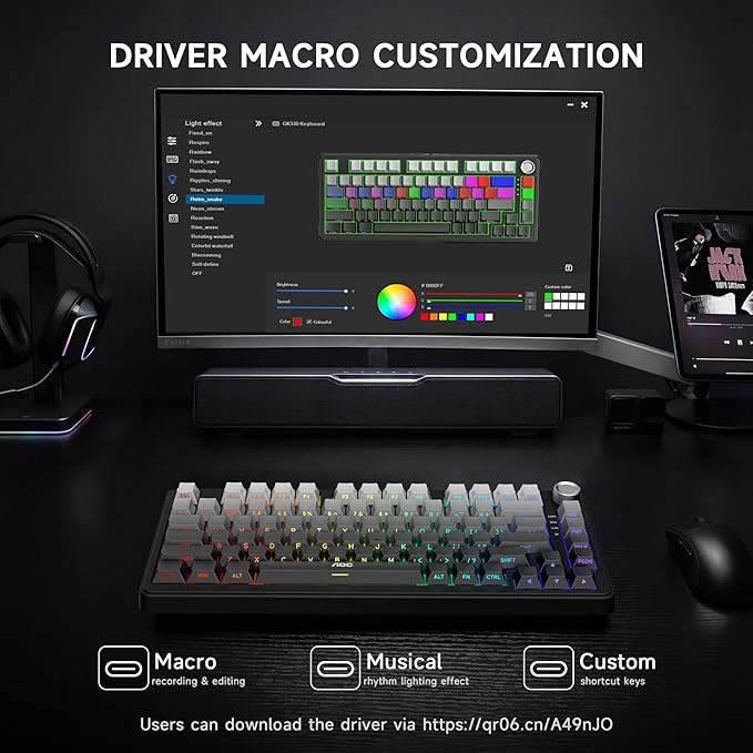 AOC GK330 Gaming Keyboard, Hot Swappable Wireless Mechanical Keyboard Support BT/2.4GHz/USB-C, RGB Backlit, Pre-lubed Reaper Switches, Anti-ghosting, 75% Gasket Custom Keyboard with Five-Layer Padding
