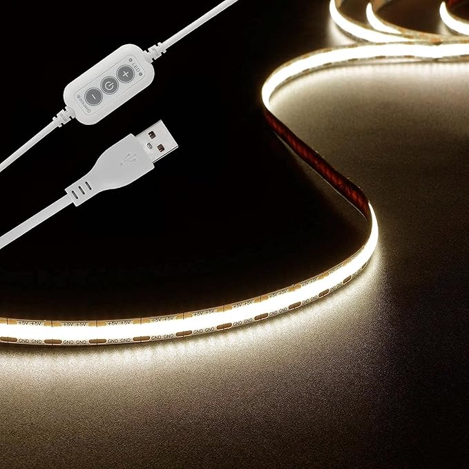 dephen 4.9ft Dimmable LED Strip Lights, 5v 4000K Daylight Dotless COB String, Flexible and Cuttable Rope Lighting, Self Adhesive Tape for TV Backlight, Bedroom, Cabinet, Kitchen, DIY