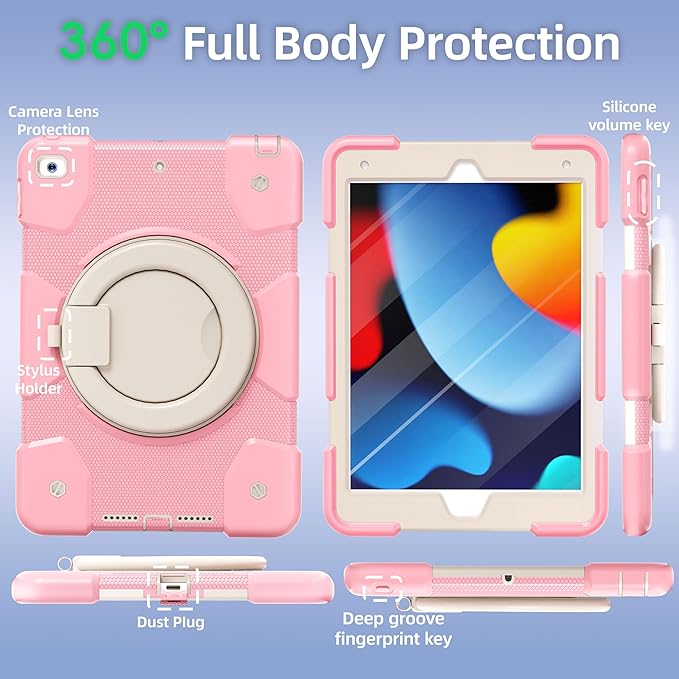Andnary Case for iPad 9th/8th/7th Generation 10.2 inch, Shockproof Cover with Screen Protector/360° Rotate Stand/Pencil Holder/Shoulder Strap, Kids Case for iPad 2021/2020/2019 (Pink+White)