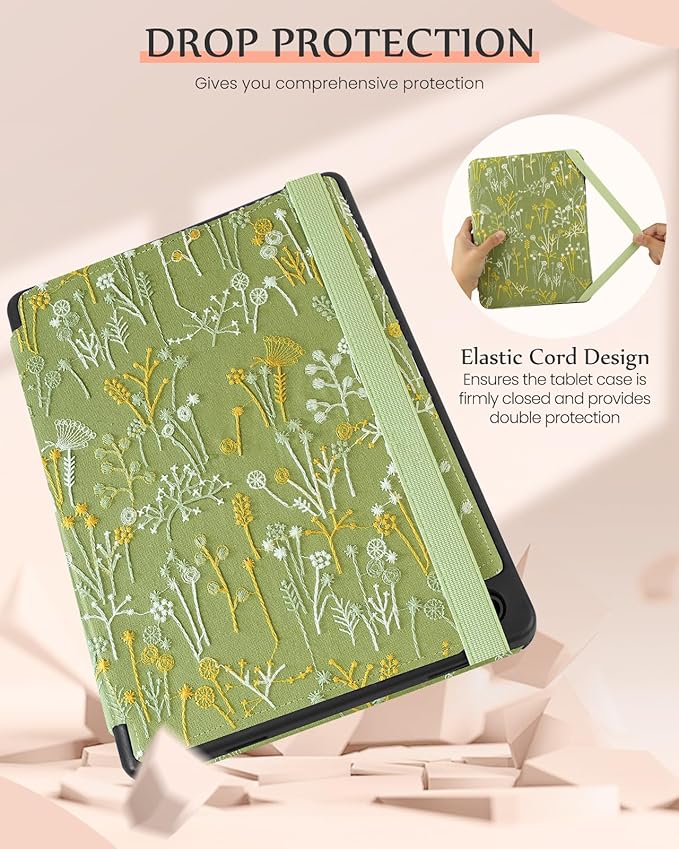 Uppuppy for Samsung Galaxy Tab A9 Plus Case 11'' - for Women Girls Cute Embroidered Folio Stand Cover with Pencil Holder & Card Slot Girly Kawaii Plants Design Aesthetic Cases for Samsung Tab A9 Plus