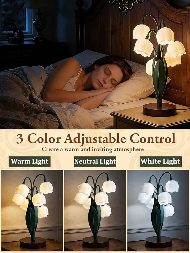 Flower Lamp,Bedside Vintage Table Lamps,6 Lily of The Valley Night Lights,3 Colors Modes Kawaii Aesthetic Lighting,Cute Desk Lamp for Bedroom,Living Room, Office Home Decor(Dark Green)