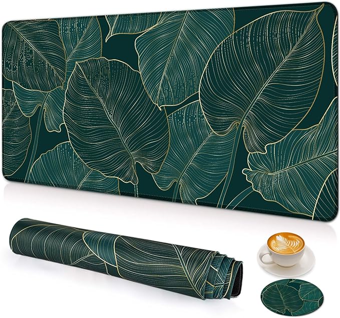 Large Gaming Mouse Pad with Coaster, Desk Matt for Desktop, Desk Pad, Mouse Pads Mat, Stitched Edges Big Extended Mousepad for Computer Keyboard Laptop Office Decor, 31.5'' x15.6''-Green Leaves2