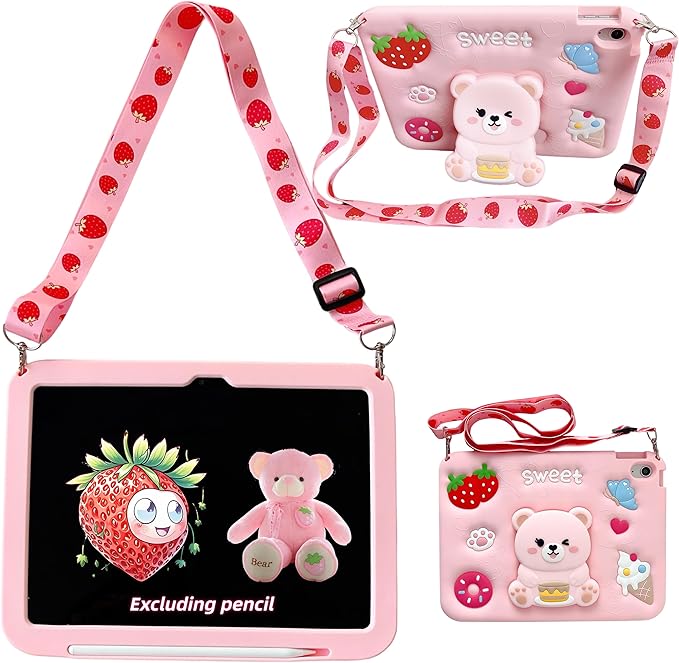 iPad 10th/11th Generation A16 Case Kids - 11 inch Soft Silicone Shockproof Cover with Pencil Holder,Adjustable Shoulder Strap & Stand for School,Cute Bear Strawberry Gift for Teen Girls