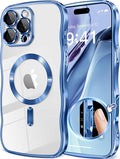 GVIEWIN for iPhone 16 Pro Max Case Compatible with MagSafe, Upgraded [Full Camera Protection][Cute Wave Frame][Military Grade Protection] Electroplated Soft Phone Cover for Women, Clear/Light Blue