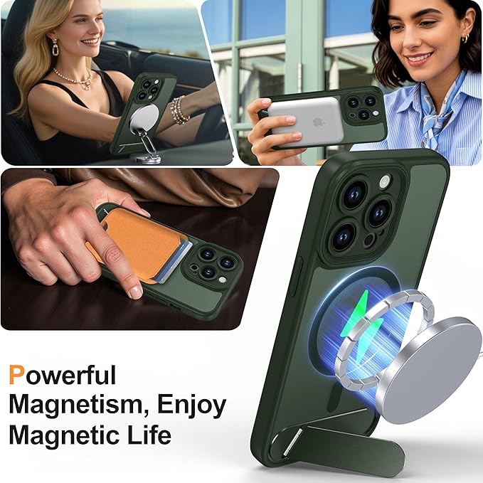 Magnetic Compatible with iPhone 13 Pro Case, [Built-in Kickstand][Full Camera Protection][Compatible with MagSafe][Anti-Fingerprint] Shockproof Phone Case for iPhone 13 Pro 6.1",Green