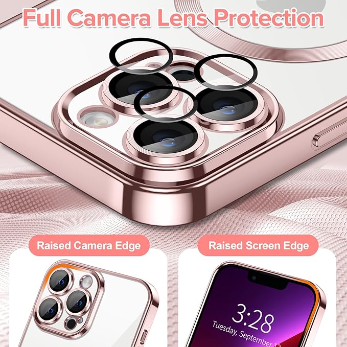 Hython Magnetic Clear for iPhone 13 Pro Max Case with Camera Lens Protector [Compatible with MagSafe] Plating Edge Slim Soft TPU Cover Protective Phone Case for iPhone 13 Pro Max 6.7", Pink