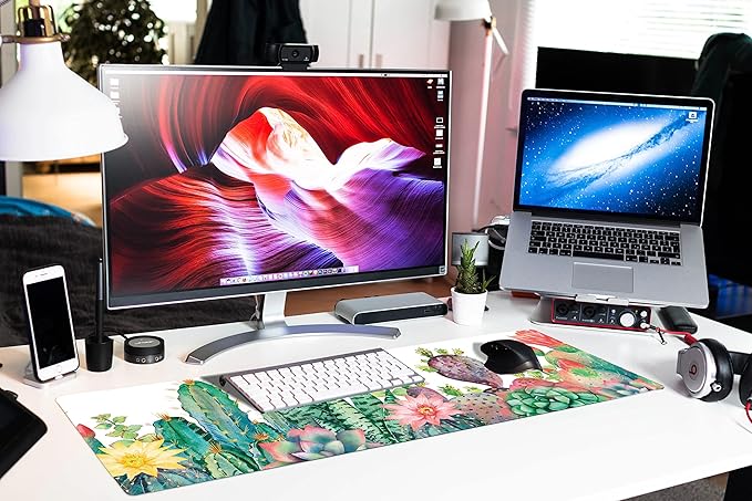 Extended Large Gaming Mouse Pad Watercolor Cactus XXL Size Keyboard Mouse Mat Desk Pad with Non Slip Rubber Base Stitched Edges Office Decor for Women Girls Men,35.4 x 15.7inch