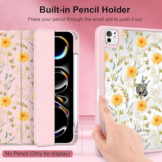 Case for iPad Pro 13 Inch (M5 2025 M4 2024) – [Built-in Pencil Holder], Shockproof & Stylish, Clear Hard Back + Soft TPU Edge, Magnetic Trifold Stand, Auto Wake/Sleep, Yellow Floral