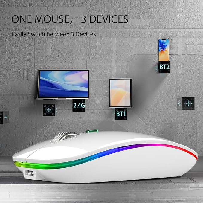 TENMOS Wireless Bluetooth Mouse, LED Slim (Bluetooth 5.1 + USB) 2.4GHz Rechargeable Silent Bluetooth Wireless Mouse with Type C Adapter for Laptop/MacBook/iPad OS 13 and Above (White)