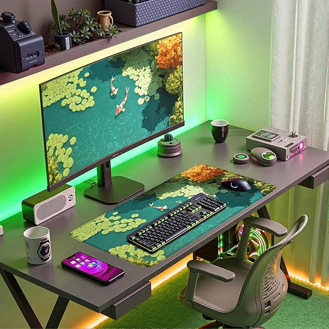 Japanese Koi Fish Desk Mat Pad XXL Large Lofi Serene Pond Playmat Gaming Mouse Pad Desktop Mat for Office,Computer,Keyboard,Laptop and Home 31.5 X 15.7inch