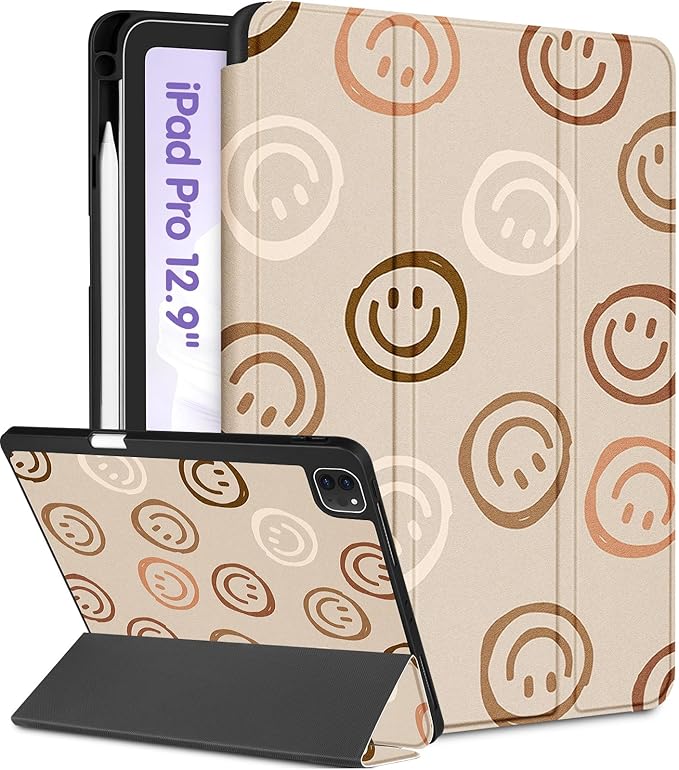 Uppuppy for iPad Air 13 Inch M2/M3, Pro 12.9 Case - Girls Cute Women Folio Cover Pencil Holder Girly Kawaii Smile Design Unique for iPad Air 13 2024 2025 Cases for Apple Pro 12.9 inch 6/5/4/3 gen