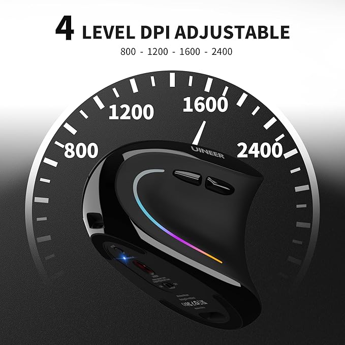 Uineer Ergonomic Mouse, Wireless Bluetooth Rechargeable Vertical Mouse, 7 Color LED, 4 DPI Adjustable, USB-A, Wrist Strain Relief,Optical Mice for Computer/PC/Laptop, Black (Black)