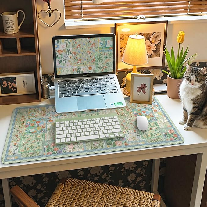 iCasso Green Large Mouse Pad, Gaming Mat, Desk Matt for Desktop, Floral Desk Pad Mat, Anti-Slip XXL Big Mousepad with Stitched Edges for Computer
