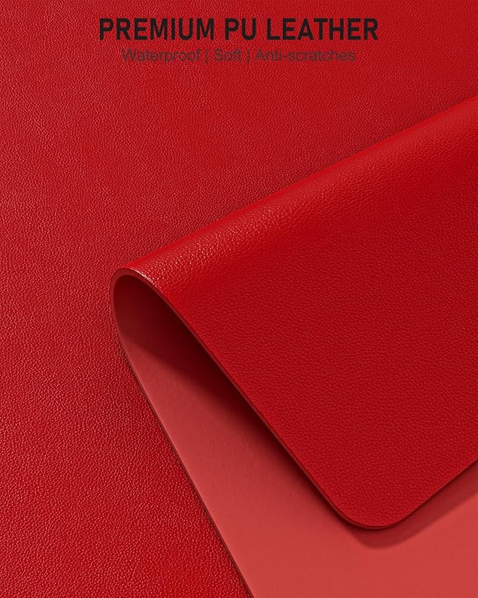 Desk Pad, 23.6" x 13.8" PU Leather Non-Slip Desk Mat Large Mouse Pad for Desktop, Waterproof Laptop Computer Writing Mat for Office, Home, Work, Gaming, Bright Red
