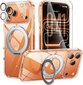 360°Ring Stand for iPhone 17 Pro Max Case with 1X Screen Protector +1X Camera Cover,Fit for MagSafe, Anti-Yellowing & Scratch-Resistant Back Phone Case for iPhone 17 Pro Max 6.9", Clear Glitter Stand