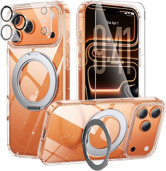360°Ring Stand for iPhone 17 Pro Max Case with 1X Screen Protector +1X Camera Cover,Fit for MagSafe, Anti-Yellowing & Scratch-Resistant Back Phone Case for iPhone 17 Pro Max 6.9", Clear Glitter Stand