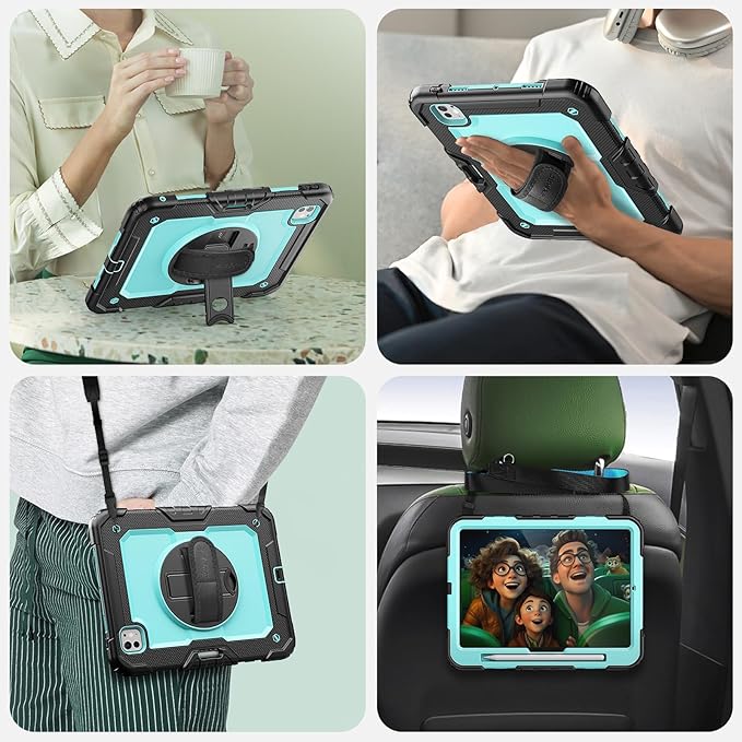 SEYMAC for iPad Pro 11 Inch Case M5 2025 / M4 2024, Heavy Duty Shockproof Protective Case with Screen Protector, 360° Rotating Stand, Hand/Shoulder Strap and Pen Holder, Light Blue
